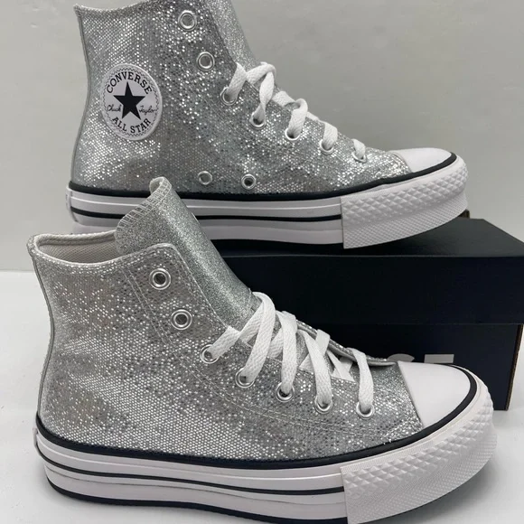 Converse CTAS EVA LIFT HI Chuck Taylor All Star High Top Sneakers Silver Glitter - Picture 1 of 16